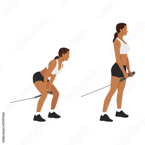 Woman doing cable pull throughs exercise flat vector illustration isolated on white background