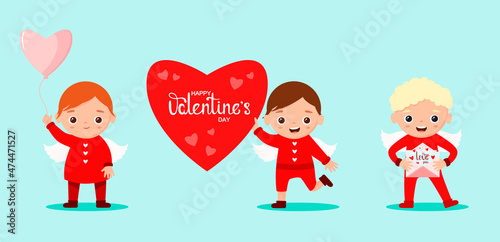 A set of cute cupids with wings and hearts. Cartoon design.
