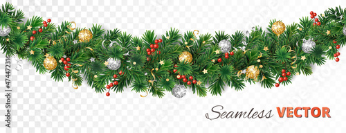Seamless Christmas tree garland isolated on white. Realistic pine tree branches with red holly berry, gold and silver ornaments.Vector border decoration for holiday banners, posters, cards, promotions