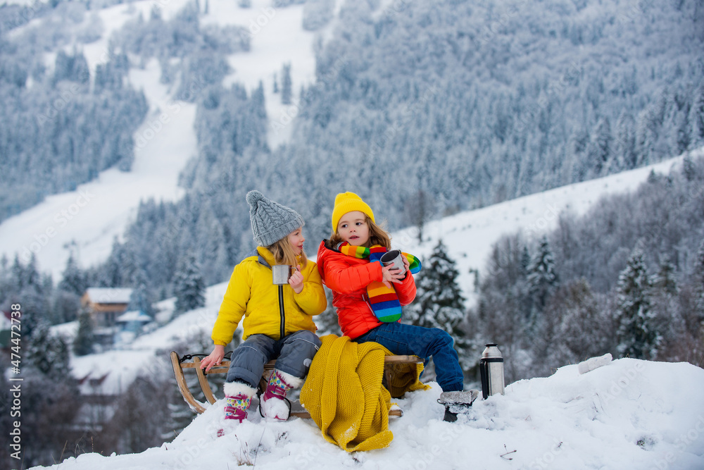 Funny boy and girl having fun with a sleigh in winter. Cute children playing in a snow. Winter activities for kids.