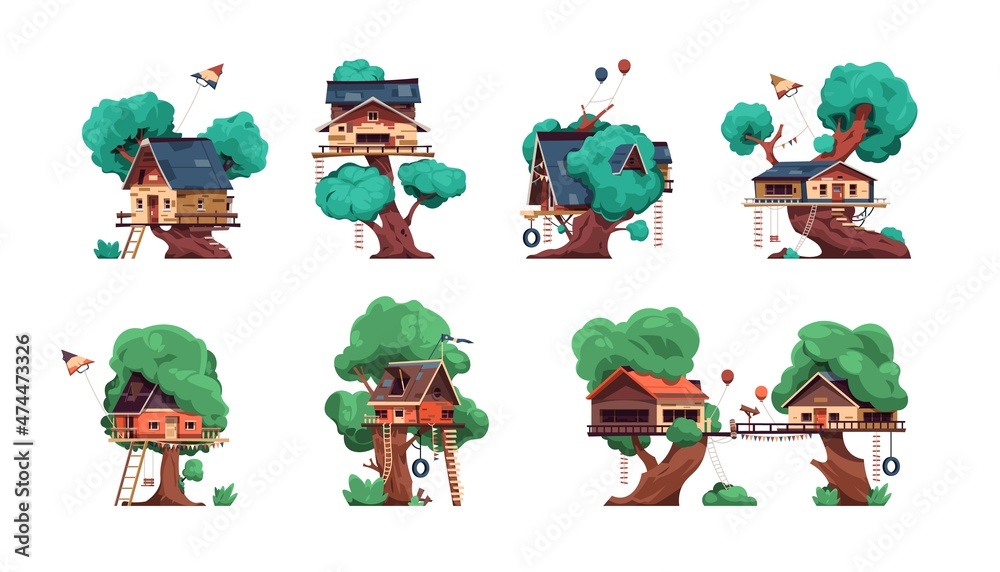 Tree house. Cartoon wooden buildings for kids with doors windows and roofs. Home on branches