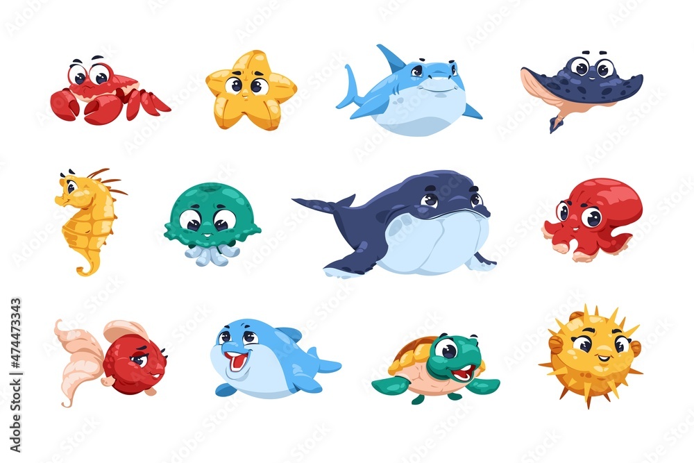 Cute fish. Cartoon funny ocean animals with big eyes and adorable child faces, underwater kids sea fish characters with jellyfish octopus and dolphin. Little crab, shark and turtle vector set Cute fish. Cartoon funny ocean animals with big eyes and adorable child faces, underwater kids sea fish characters with jellyfish octopus and dolphin. Little crab, shark and turtle vector set