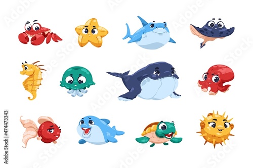 Cute fish. Cartoon funny ocean animals with big eyes and adorable child faces, underwater kids sea fish characters with jellyfish octopus and dolphin. Little crab, shark and turtle vector set