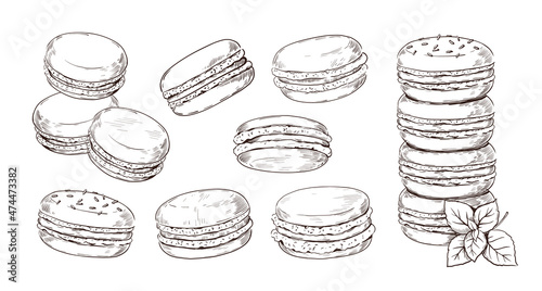Hand drawn macaron. French biscuit dessert of almond flour. Vintage macaroon etching. Restaurant and cafe pastry. View from different edges and stack of cookies. Vector bakery sketches set