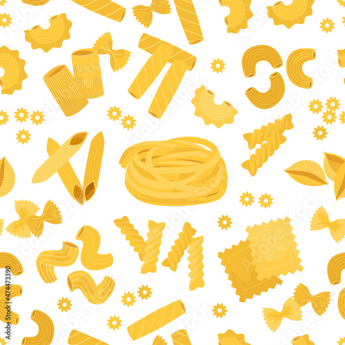 Pasta pattern. Seamless print with doodle Italian wheat pasta, home made dough food, yellow farfalle, spaghetti and tagliatelle. Dry cavatappi, fusilli and penne. Vector texture