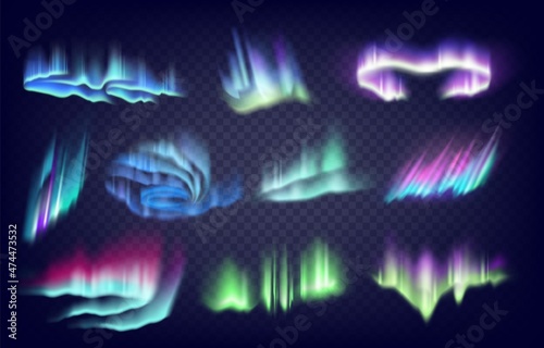 Aurora borealis. Realistic Northern sky atmosphere reflection. Arctic or Antarctic polar night iridescent light phenomenon collection. Shining curve lines. Vector glowing effects set