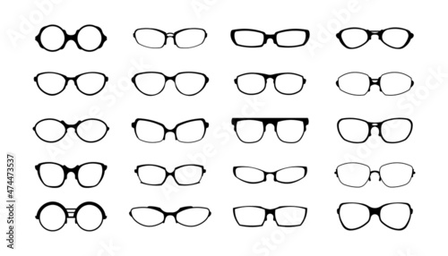 Glasses frame. Black silhouette of retro sunglasses rims. Modern fashion accessory forms assortment. Optometrist logo. Isolated vision eyeglasses with optic lens. Vector eyewear set
