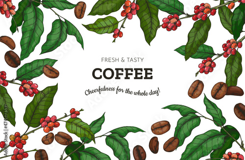 Coffee beans engraved background. Hand drawn branches with leaves and seeds. Restaurant and cafeteria shop menu framing. Foliage sketch and text. Botanical border. Vector illustration