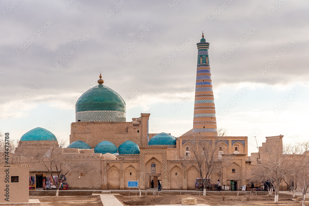 The Islam Khoja (or Hozha) minaret, Ichan Kala (or Itchan Qala is walled inner town of the city of Khiva, a UNESCO World Heritage Site), Khiva city, Uzbekistan.