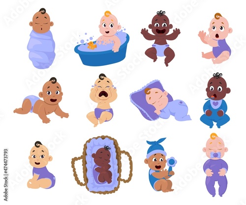 Cartoon baby. Smiling and crying little children. Girl and boy characters in diapers. Toddler sleeping in cradle or washing in bath. Kid eating or playing with rattle. Vector infants set