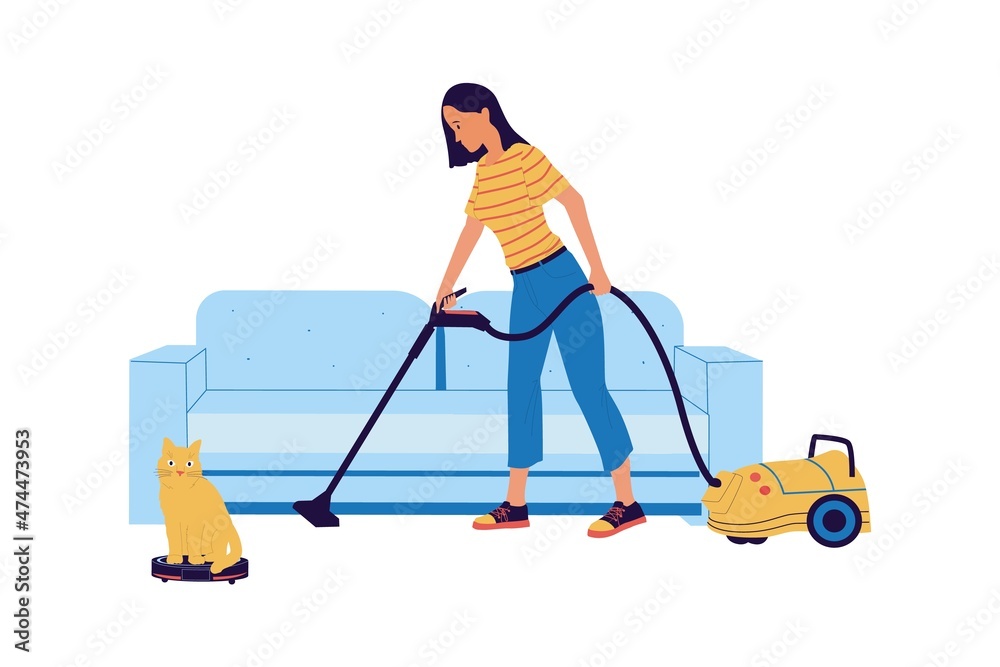 Woman cleaning floor with vacuum cleaner. Female vacuuming carpet. Cartoon maid using household cleanup equipment. Character doing chores indoor. Vector routine homework activities Woman cleaning floor with vacuum cleaner. Female vacuuming carpet. Cartoon maid using household cleanup equipment. Character doing chores indoor. Vector routine homework activities