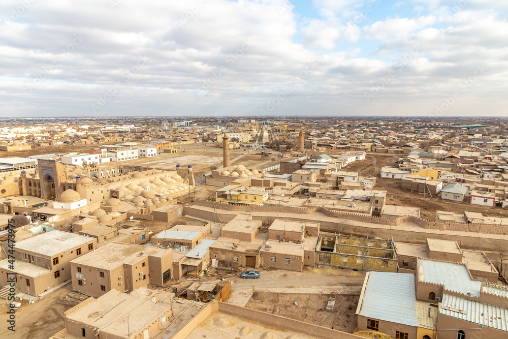 Panoramic view of the Ichan Kala city (or Itchan Qala is walled inner town of the city of Khiva, a UNESCO World Heritage Site), Khiva city, Uzbekistan.