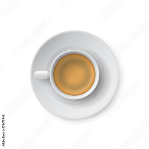 Top view of realistic white cup with coffee drink and saucer. Ceramic mug. Morning caffeine hot beverage serving, classic tableware with cappuccino, menu element vector isolated object