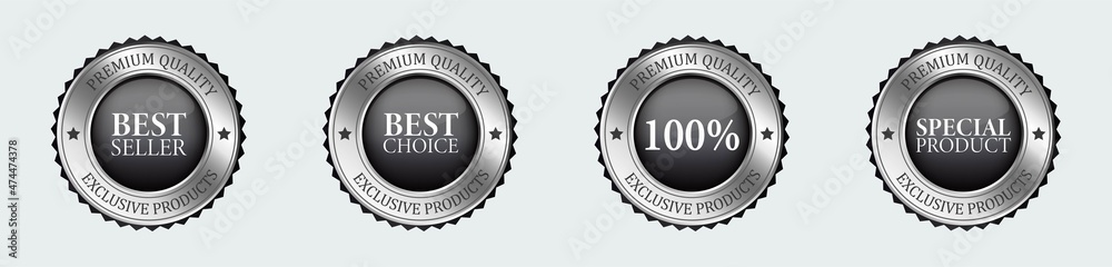 Realistic silver labels and badges, best seller, best choice, 100%, special product. Set silver labels and badges of seal quality stock vector. Eps 10 vector illustration. Realistic silver labels and badges, best seller, best choice, 100%, special product. Set silver labels and badges of seal quality stock vector. Eps 10 vector illustration.