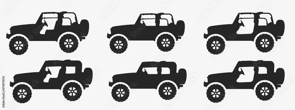 Naklejka premium Set of Modern offroad car, isolated silhouette vector illustration