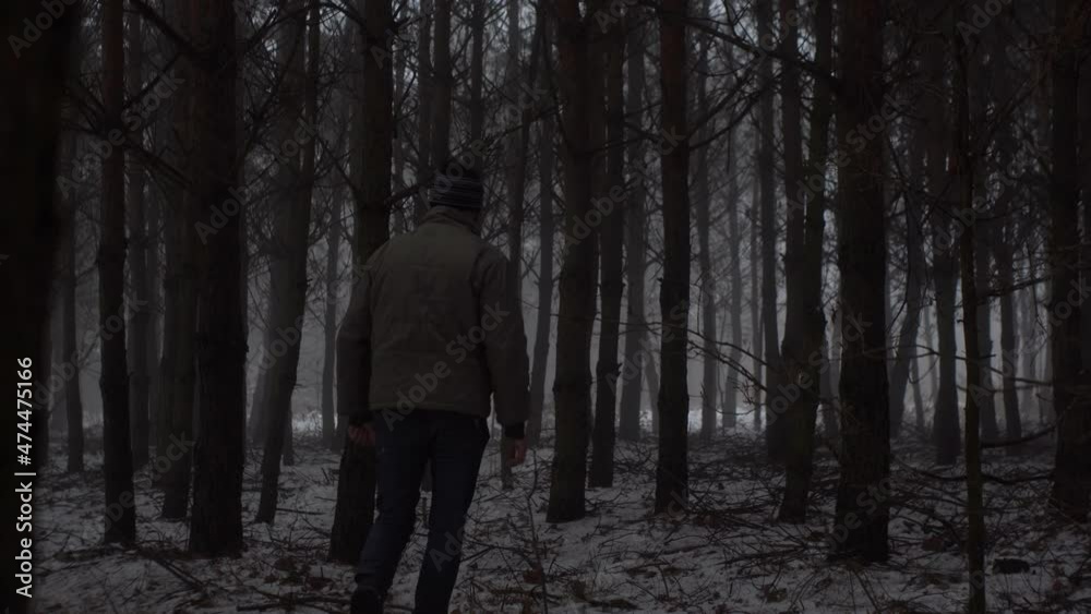 man walks in the woods in winter morning man walks in the woods in winter morning