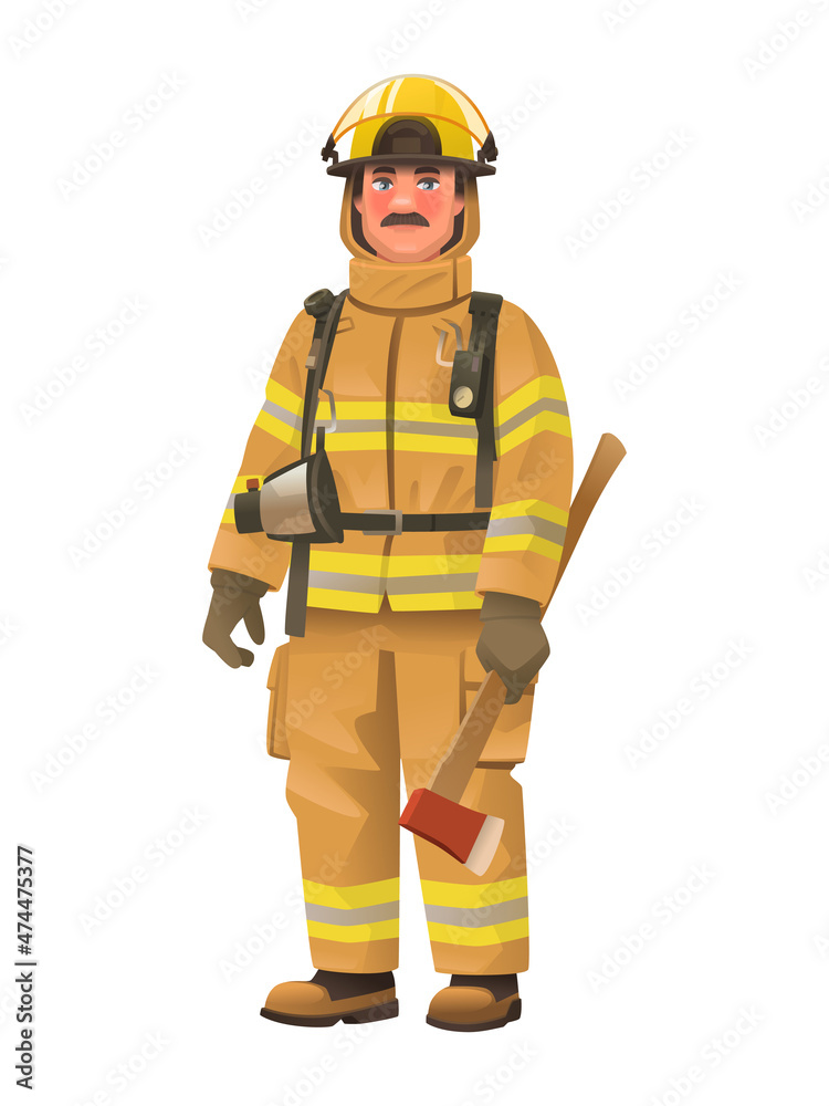Firefighter man wearing protective uniform and helmet holding an ax in hand. Full length fireman with equipment Firefighter man wearing protective uniform and helmet holding an ax in hand. Full length fireman with equipment