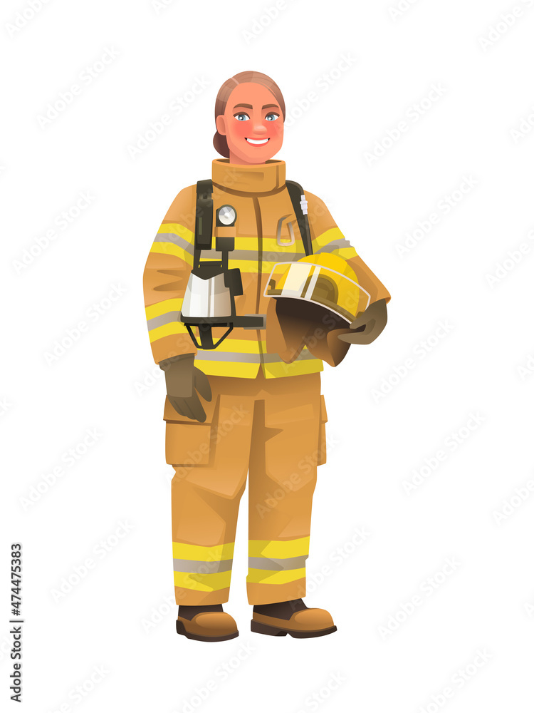 Full length firefighter woman in protective uniform and with a helmet. Happy firewoman over white background