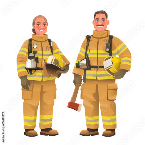 Firefighters. Happy man and a woman, fire service workers, wearing protective uniforms. Firewoman and fireman