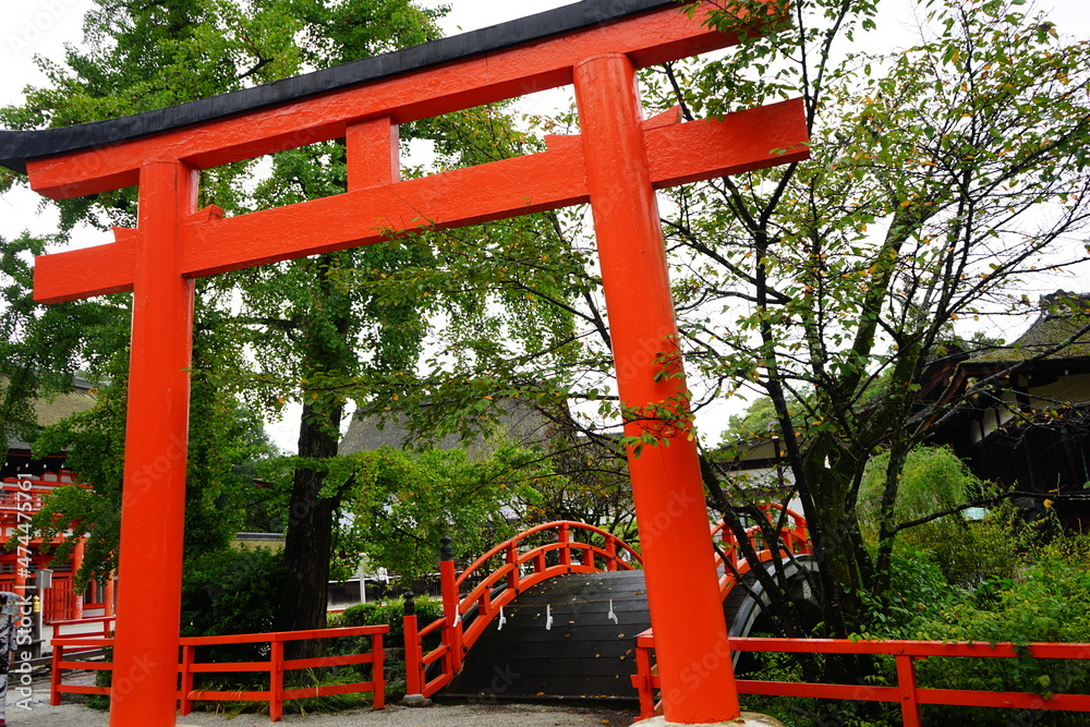 Red Bridge and Torii Gate at Shimogamo Shrine or Shimogamo-jinja in ...