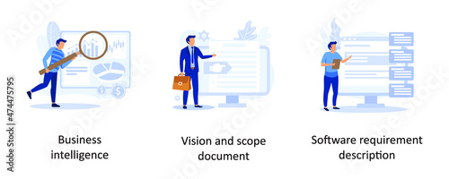 Business intelligence, Vision and scope document, Software requirement description. Project development specifications abstract concept vector illustration set.