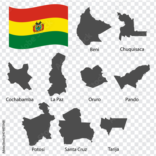 Nine Maps  Departments of Bolivia - alphabetical order with name. Every single map of Departments  are listed and isolated with wordings and titles.  Plurinational State of Bolivia. EPS 10. photo