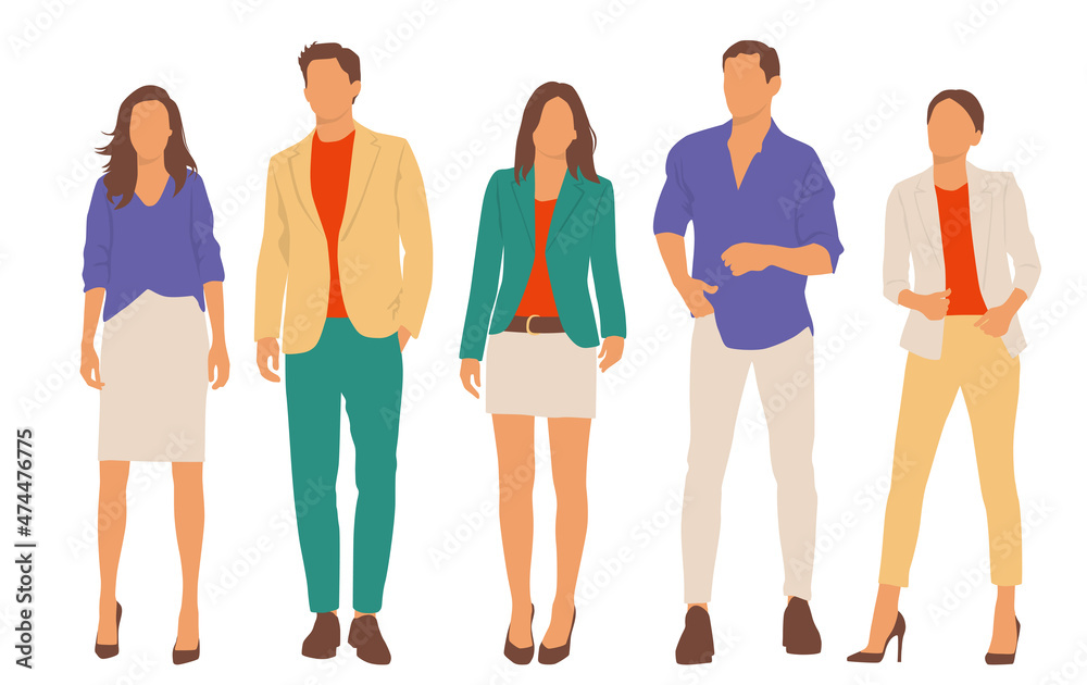 Obraz premium Set of young men and women, different colors, cartoon character, group of silhouettes of standing business people, students, the design concept of flat icon, isolated on white background