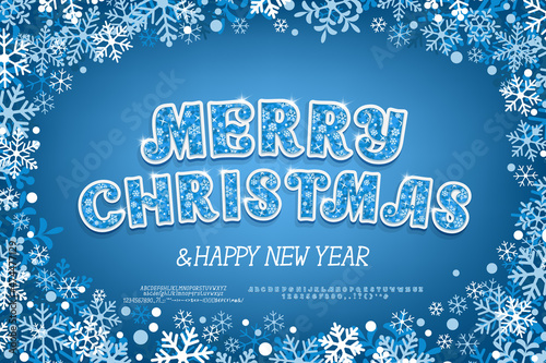 Christmas card Merry Christmas with blue-white snowflakes frame and ornate font on navy blue background. Two vector fonts sets are included
