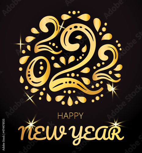 Happy new year 2022 greeting banner vector. Golden, glossy, glitter ornament in hand drawn style