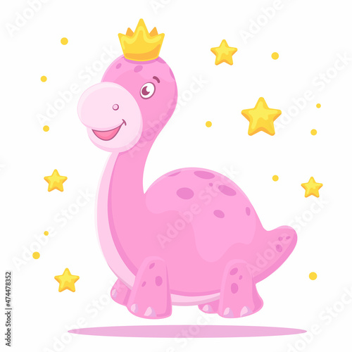 Cute pink dinosaur girl. Sweet baby dino with crown. Child illustration funny princess.