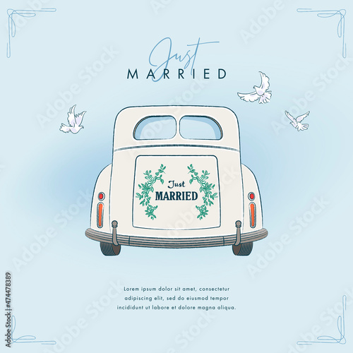 Hand drawn wedding car. Colorful wedding background for invitations, greeting cards, flyers and covers. Vector illustration