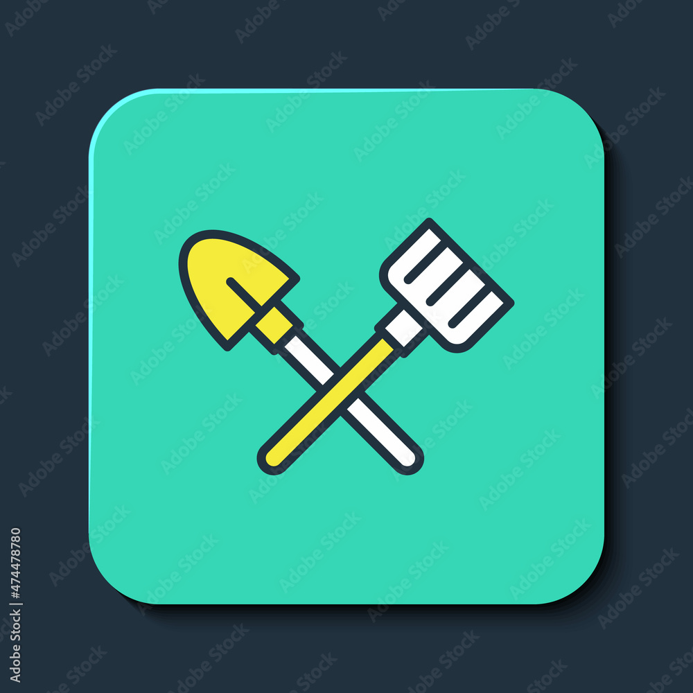 Filled outline Shovel and rake icon isolated on blue background. Tool for horticulture, agriculture, gardening, farming. Ground cultivator. Turquoise square button. Vector Filled outline Shovel and rake icon isolated on blue background. Tool for horticulture, agriculture, gardening, farming. Ground cultivator. Turquoise square button. Vector