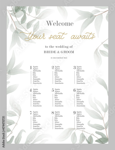 Wedding Seating Chart Poster Template.Your seat awaits - hand drawn modern calligraphy inscription for wedding sign with number. Seating plan for guests with table numbers. photo