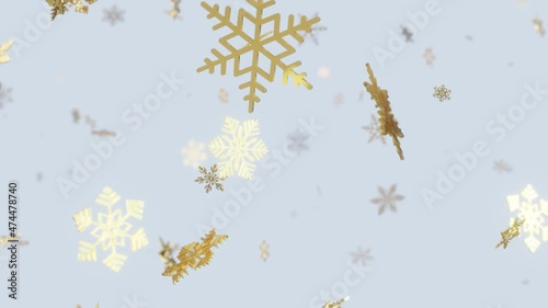 Golden snowflakes fall down in light background. Merry christmas and happy new year. Glossy snow falling.