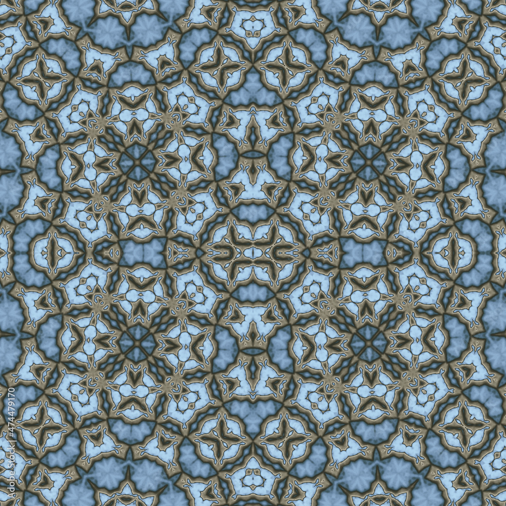 Geometric ethnic fabric. Traditional design for background, carpet, wallpaper. Ethno clothing textile print. Batik tai dai style seamless pattern. Kaleidoscope mosaic texture. Illustration

