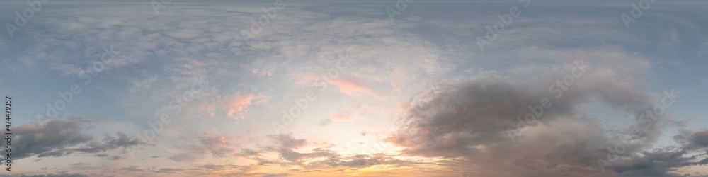 Dark blue sunset sky panorama with Cirrus clouds. Seamless hdr pano in spherical equirectangular format. Complete zenith for 3D visualization, game and sky replacement for aerial drone 360 panoramas.