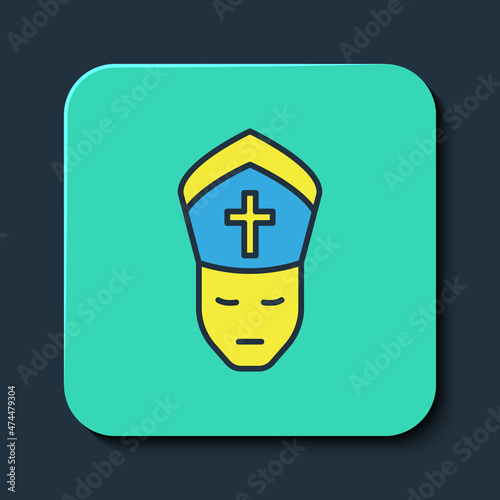 Filled outline Pope icon isolated on blue background. Pope hat. Holy father. Turquoise square button. Vector