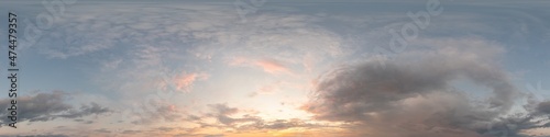 Dark blue sunset sky panorama with Cirrus clouds. Seamless hdr pano in spherical equirectangular format. Complete zenith for 3D visualization  game and sky replacement for aerial drone 360 panoramas.