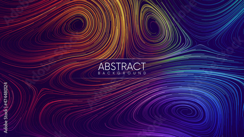 Abstract background with rainbow colorful curled streaming lines. Futuristic liquid dynamic flow of glowing swirling lines. Energy field background. Vector illustration