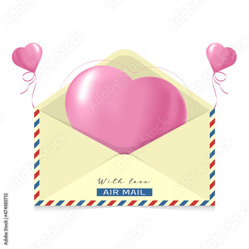 Mail envelope with a large voluminous heart inside. Love letter for February 14th. Letter of confession for Valentine's Day. Isolated on white background.