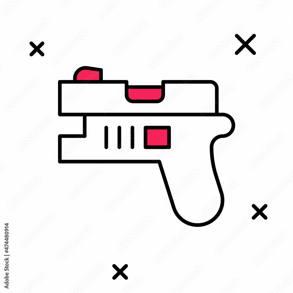 Filled outline Futuristic space gun blaster icon isolated on white background. Laser Handgun. Alien Weapon. Vector