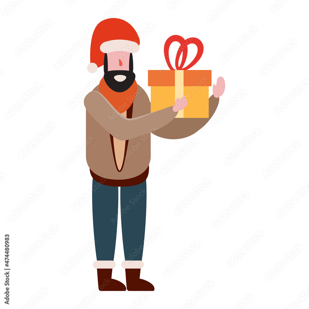 Naklejka premium Man with with gift box, winter cold weather clothes, cap, warm coat, boots. Cartoon flat style