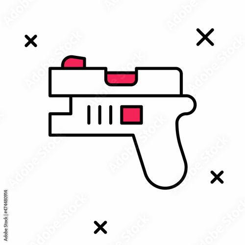 Filled outline Futuristic space gun blaster icon isolated on white background. Laser Handgun. Alien Weapon. Vector