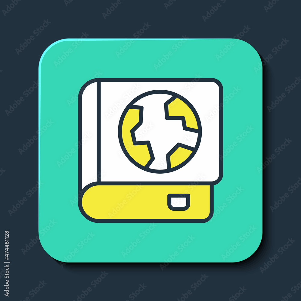 Obraz premium Filled outline Earth globe and book icon isolated on blue background. World or Earth sign. Global internet symbol. Geometric shapes. Turquoise square button. Vector