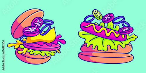 separate cute burger and hotdog vector illustration. fast food flying cartoon flat design