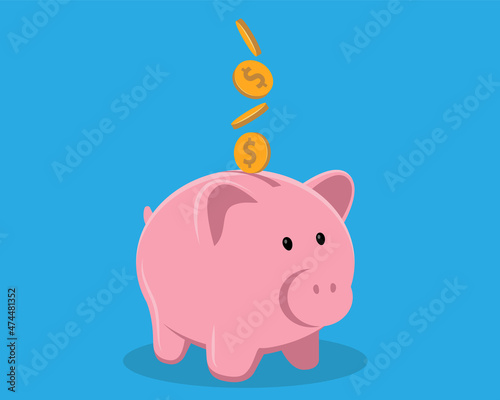 Piggy bank with coin vector illustration. Saving, investing and accumulation money. Pig in a flat style.
