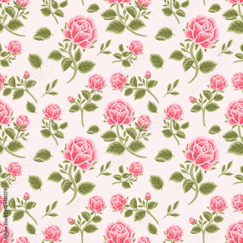 Vintage Shabby Chic Pink Rose Flower and Leaf Branch Seamless Pattern for autumn and spring textile, paper, prints, background, fabric, feminine beauty products, gift wrapping, and other purposes