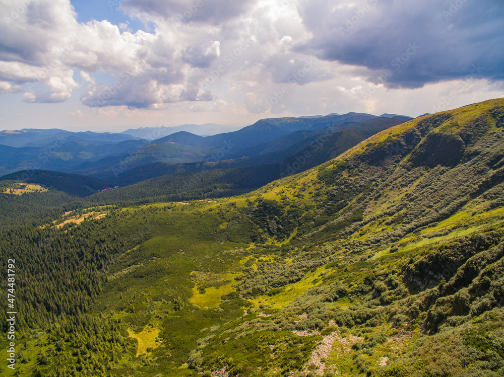 Aerial View of Great Green Ridge. Wooded Mountain Landscape