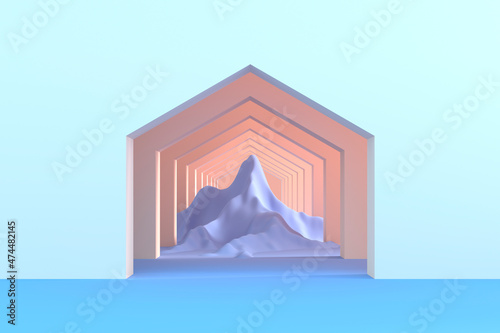 Minimal pastel abstract background and mock up for the presentation and exhibitions of products. Five-sided arches in the blue walls in perspective and lighted mountain in the center. 3d illustration © ParamePrizma