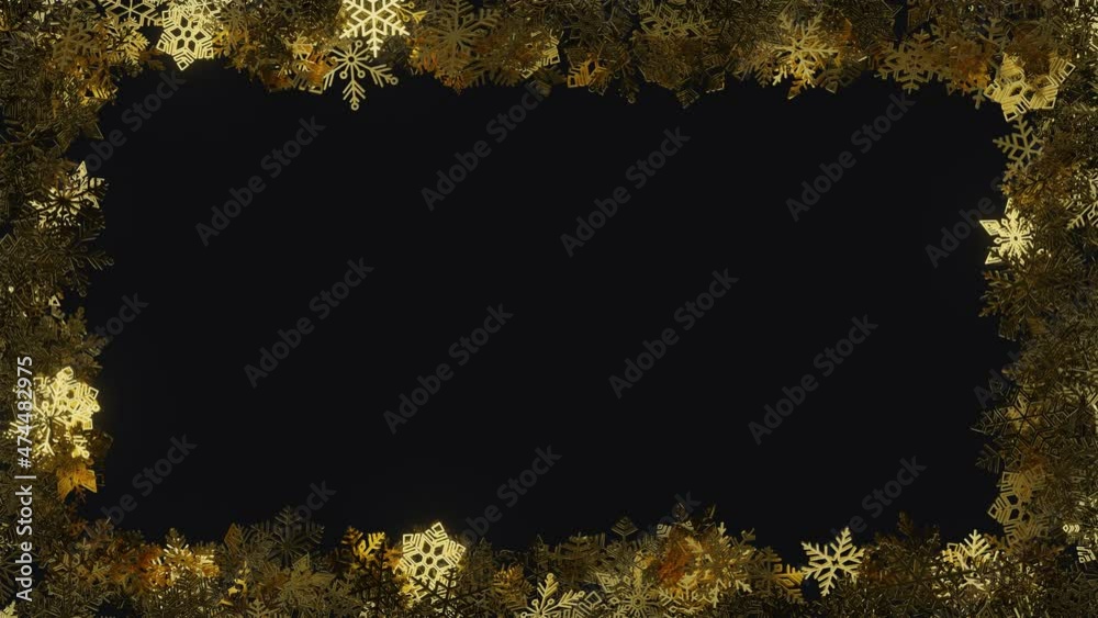 Gold frame from snowflakes in dark background. Animated christmas greeting card.